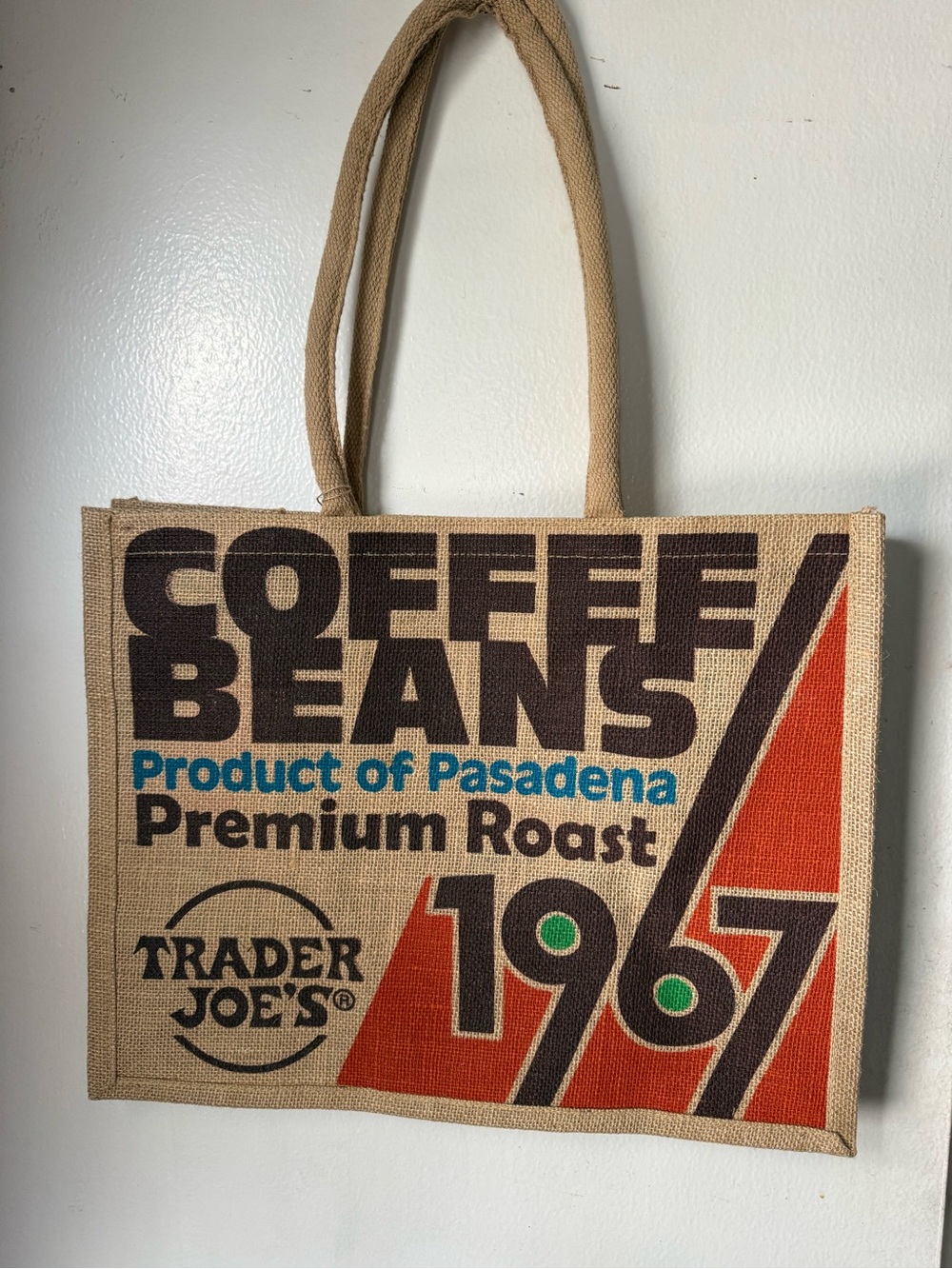 Trader Joe's Beige Canvas Coffee Beans Tote Bag with Orange & Teal Accents